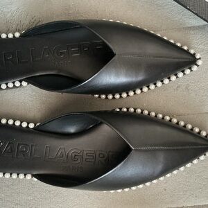 Karl Lagerfeld Black Pointed Leather Flats with Pearl Trim size 6